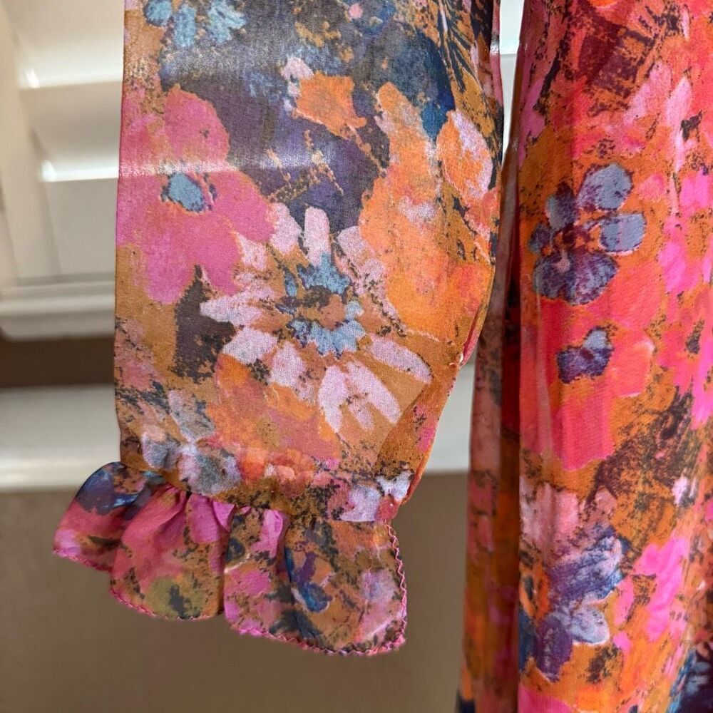Vintage XS Sheer Sleeve Floral Maxi Dress Ruffle Pink Orange Feminine Fairycore - Picture 4 of 9